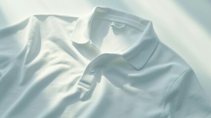 An immaculate, high-definition image showing a white polo T-shirt spread out, highlighting the collar and sleeves, on a white backdrop