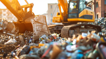 Excavator managing waste at recycling site, a bright, sunlit scene - obrazy, fototapety, plakaty