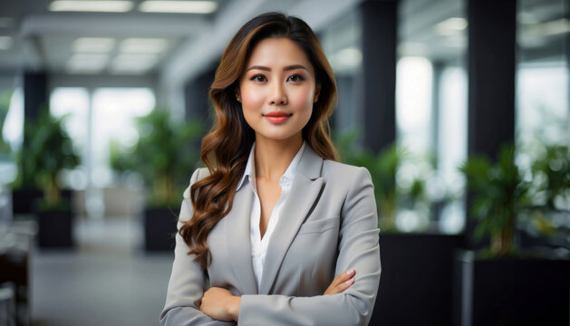 Portrait of successful Assian business woman inside office, standing with arms crossed