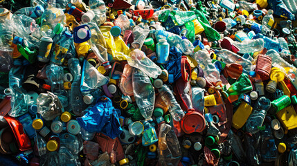 Obraz premium Waste transformation, a vibrant collection of various plastic items amassed for recycling, showcasing the diversity of recyclable plastic waste