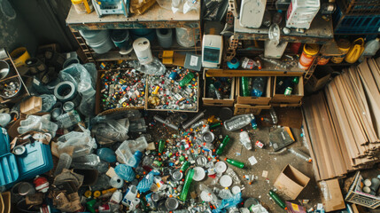 Overhead shot capturing the chaotic scene of a recycling workshop filled with various discarded materials awaiting sorting