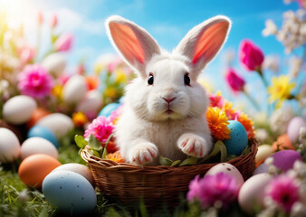 Easter theme with Easter bunny and eggs inside the basket in natural background 