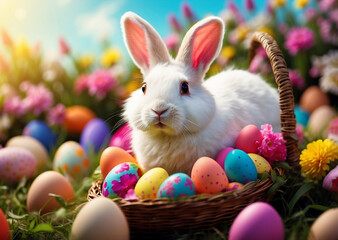 Easter theme with Easter bunny and eggs inside the basket in natural background 