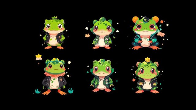 Black screen overlay animation icon of  image displays six different cartoon-style frog characters, each with unique colors and accessories