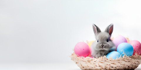 Fototapeta na wymiar Easter white color background with grey rabbit and color eggs in the basket. Holiday banner concept, copy space for text, greeting card