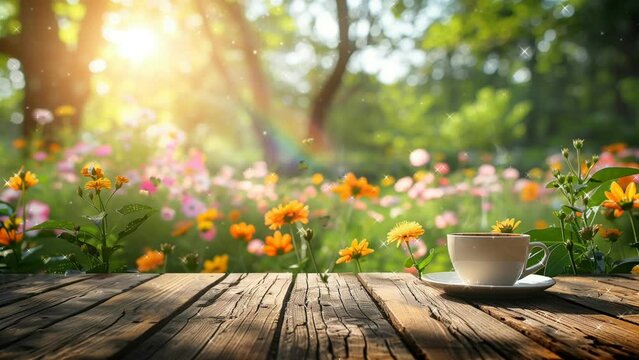flowers, coffeein the garden, background, 4k, animation video, Seamless looping, footage, generative Ai
