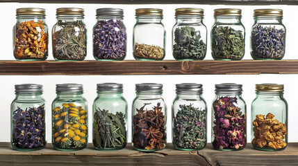 Glass Jars of Herbal Remedy Ingredients - obrazy, fototapety, plakaty