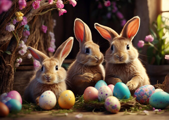 Easter day Concept with bunny paining the eggs in nature background