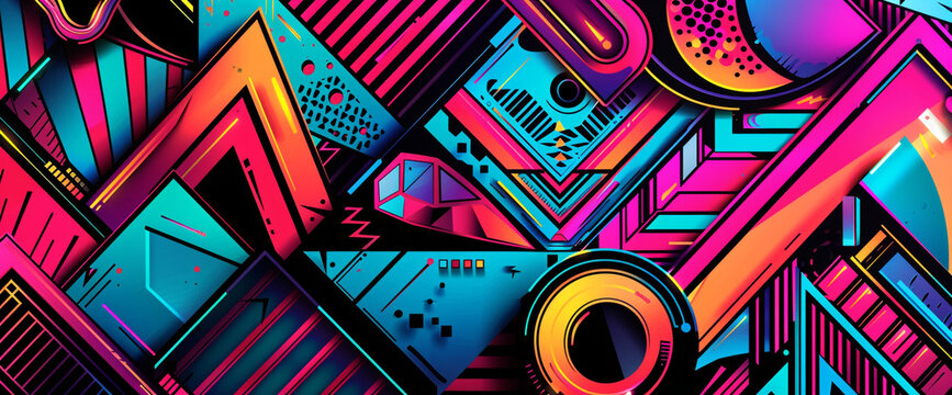 A vibrant banner design showcasing bold geometric patterns and neon accents, ideal for promoting nightlife venues or music festivals.
