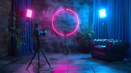A ring light with LED neon lamp stands prominently on a tripod, flanked by a DSLR camera on another tripod, in a studio bathed in moody blue and red lighting.
