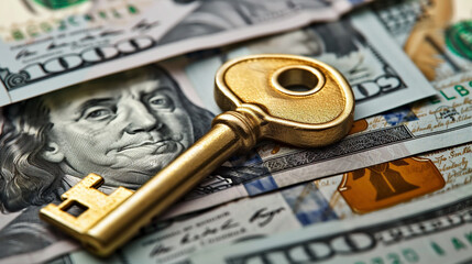 Golden Key on Pile of Cash
