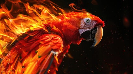 Cute wild animal parrot, isolated black background. Power of blazing fire flame. Generative ai.