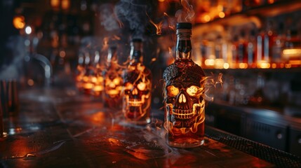 A bottle with a skull design is engulfed in flames, sitting atop a bar counter with a blurred background of shelves filled with various bottles. - obrazy, fototapety, plakaty