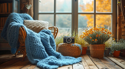 Creative Space with Vintage Camera and Cozy Knits and Blurred Background - obrazy, fototapety, plakaty
