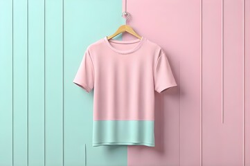 soft color t-shirt hanging on pastel wall mock up. 3d illustration