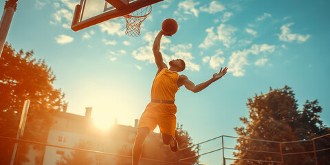 Slam Dunk - Basketball Player in Action. Basketball player in mid-air about to score a slam dunk on an outdoor court at sunset. - obrazy, fototapety, plakaty