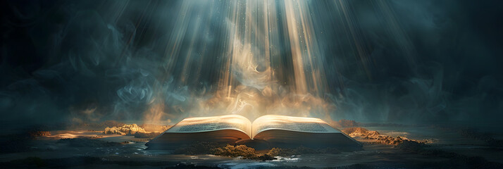 Open book bible Christianity, the book emits smoke with a 3d illustration, 
 - obrazy, fototapety, plakaty