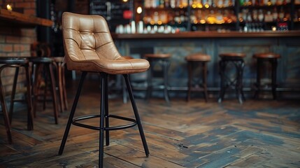A leather bar stool with button detailing stands out against the blurred background of a stylish contemporary bar setting. - obrazy, fototapety, plakaty