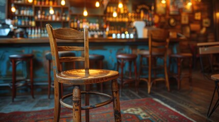 Fototapeta na wymiar An old wooden bar stool stands solo by a counter in a warmly lit, traditional pub, inviting patrons to take a seat.