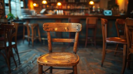 An old wooden bar stool stands solo by a counter in a warmly lit, traditional pub, inviting patrons to take a seat.