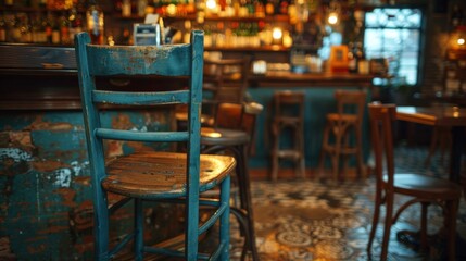 Fototapeta na wymiar An old wooden bar stool stands solo by a counter in a warmly lit, traditional pub, inviting patrons to take a seat.