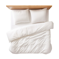 Cozy modern bedroom setting with unmade bed and neutral colored bedding, cut out