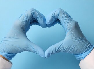 Obraz premium Hands in blue medical gloves isolated on blue background. Healthcare concept.