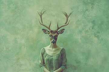 A person with a deer head in a serene pose antlers high against a soft green background surreal and vivid