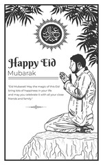 Happy Eid Mubarak poster in black and white style vector illustration.