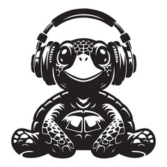 Turtle in headphones, black silhouette on a transparent background, vector drawing of a turtle for stencil, tattoo, engraving, print