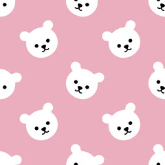 Seamless children's pink pattern with white cute polar little bear head toy. Cartoon character. Vector pastel nursery background for textile, fabric, wallpaper, wrapping, newborn apparel.