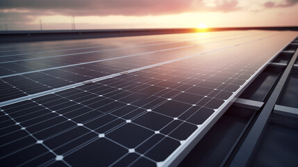 Solar panels installed on the roof of a building in the setting sun generativa IA - obrazy, fototapety, plakaty