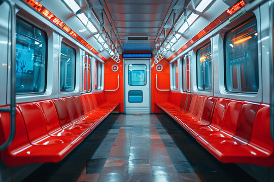 A red and silver subway car featuring bright red seats in a public transportation setting