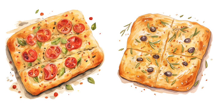 set of two focaccia bread clipart breakfast dish watercolor illustration on transparent background, tasty italian dish / snack with tomatoes and olives