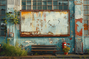 A weathered building with rust, featuring a bench and window, mockup