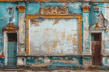 A weathered old building with peeling paint on its exterior walls under cloudy skies, mockup