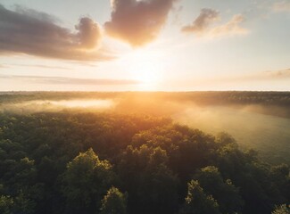 Sunrise over the woods. Aerial view. Travel Background with Copy Space on the Sky.