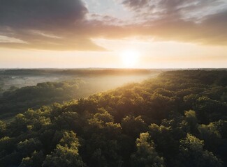 Fototapeta na wymiar Sunrise over the woods. Aerial view. Travel Background with Copy Space on the Sky.