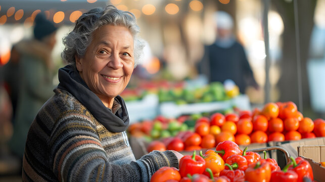 Elderly Woman Enjoying a Visit to a Fresh Produce Market