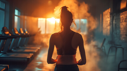 Silhouette of a Woman at Gym during Sunrise - obrazy, fototapety, plakaty