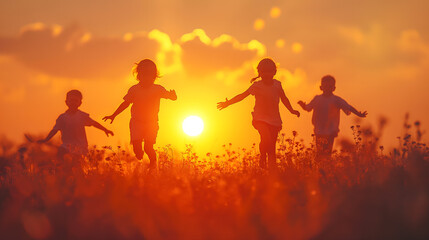 Fototapeta na wymiar Silhouetted Children Playing at Sunset in a Field