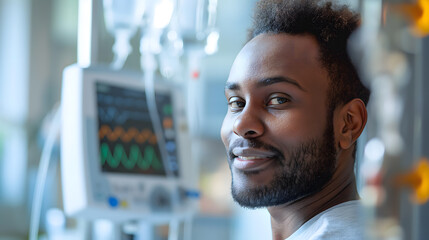 Smiling Man with Medical Equipment in the Background