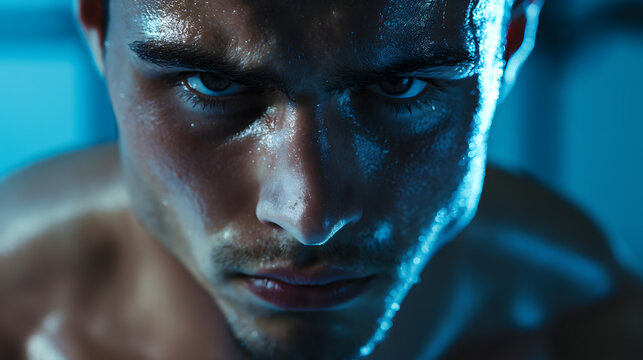 Intense Gaze of a Sweaty Man in Blue Light