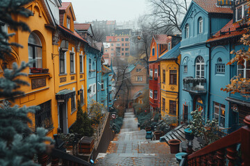 Obraz premium A narrow city street flanked by vibrant and colorful buildings on both sides