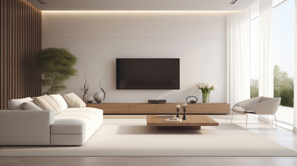 Modern Living Room Interior with White Furniture, Wooden Elements and Large Window