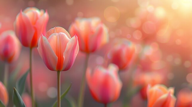 A painting of pink tulips in full sun, the style soft color fields, large canvas paintings, light orange and bronze, vibrant airy scenes, generated with AI