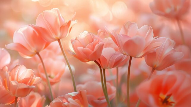 A painting of pink tulips in full sun, the style soft color fields, large canvas paintings, light orange and bronze, vibrant airy scenes, generated with AI