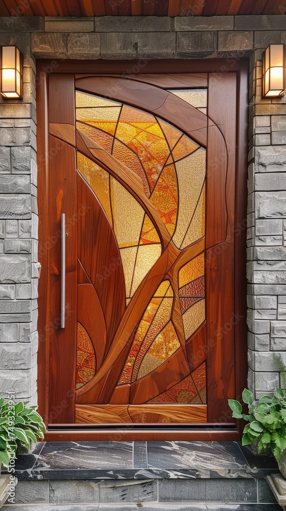 Sticker Premium entrance door with wood effect. Generative AI