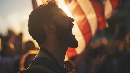 Screaming man raising the American flag