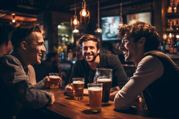 Guys night out. Lifestyle candid photo of men hanging out in a bar drinking beer, smiling, laughing and talking, saying jokes - obrazy, fototapety, plakaty